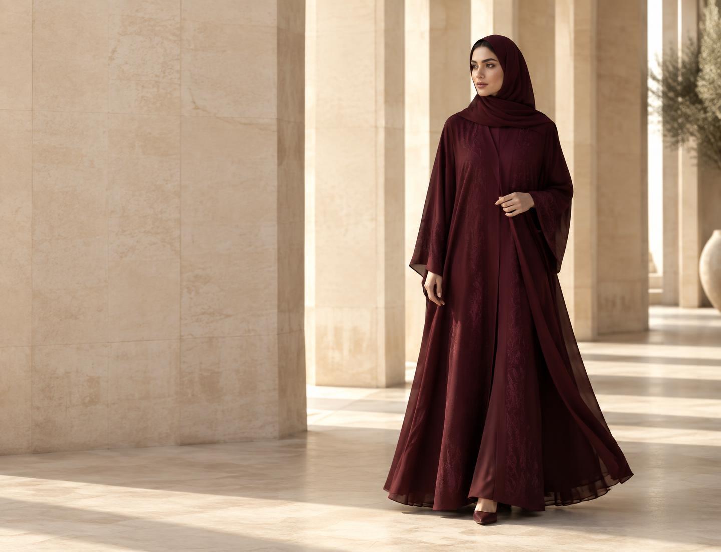 Woman wearing a flowing burgundy Lujain abaya